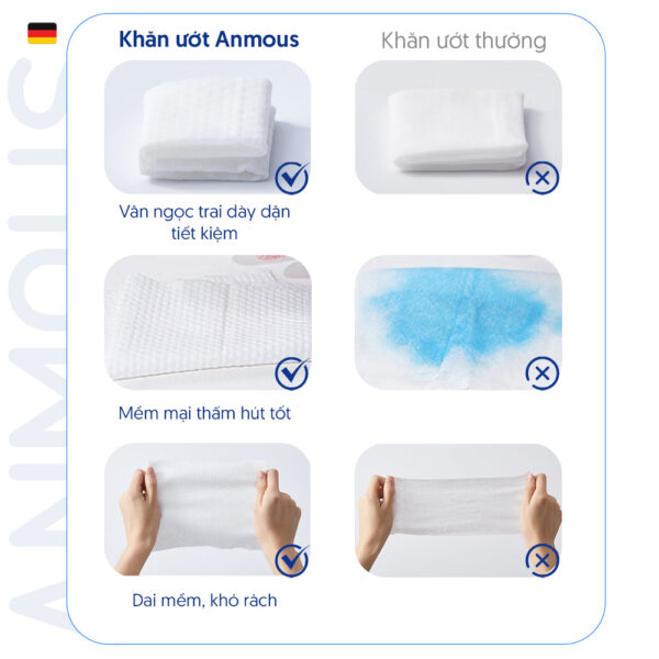 Khăn ướt cao cấp Anmous Squalane dưỡng ẩm sâu - Dày mềm vượt trội, hỗ trợ chăm sóc da khô (10 tờ)