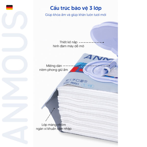 Khăn ướt cao cấp Anmous Squalane dưỡng ẩm sâu - Dày mềm vượt trội, hỗ trợ chăm sóc da khô (80 tờ)