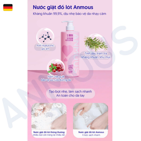 Nước giặt đồ lót Anmous 800ml - Enzyme kháng khuẩn, dịu nhẹ, tẩy vết ố, bảo vệ da tay