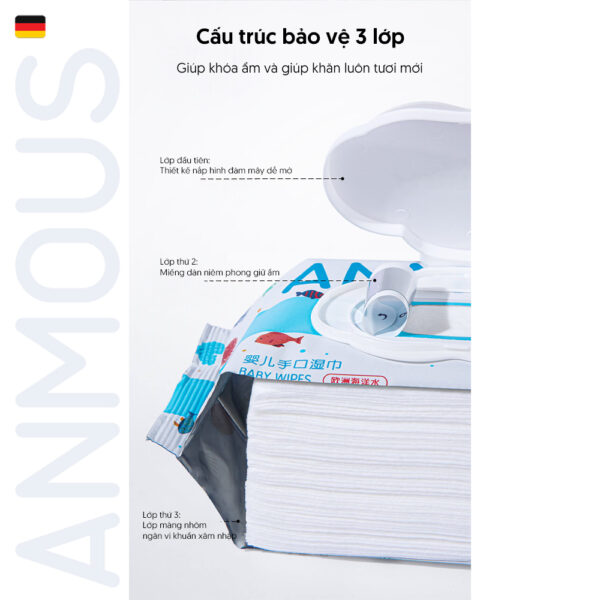 Khăn ướt Anmous nước biển Châu Âu tươi mát, khử mùi nhẹ - Vệ sinh tay, miệng, mông cho bé (8 tờ)