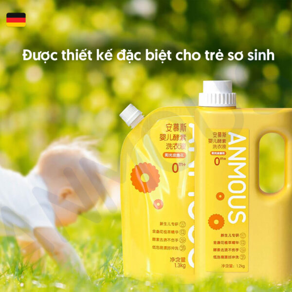 Nước giặt Anmous trẻ em Enzyme hoạt tính, khử mùi hôi sữa, sạch sâu, ít bọt - Làm sạch an toàn (1,2kg + 1,3kg)