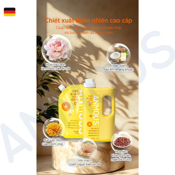 Nước giặt Anmous trẻ em Enzyme hoạt tính, khử mùi hôi sữa, sạch sâu, ít bọt - Làm sạch an toàn (1,2kg + 1,3kg)