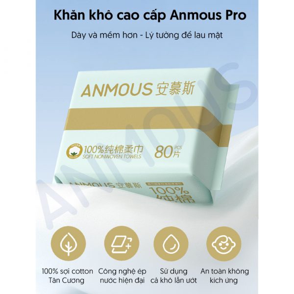 Khăn khô Anmous 100% cotton Tân Cương - Dịu nhẹ, tinh khiết cho làn da nhạy cảm và trẻ nhỏ (80 tờ)