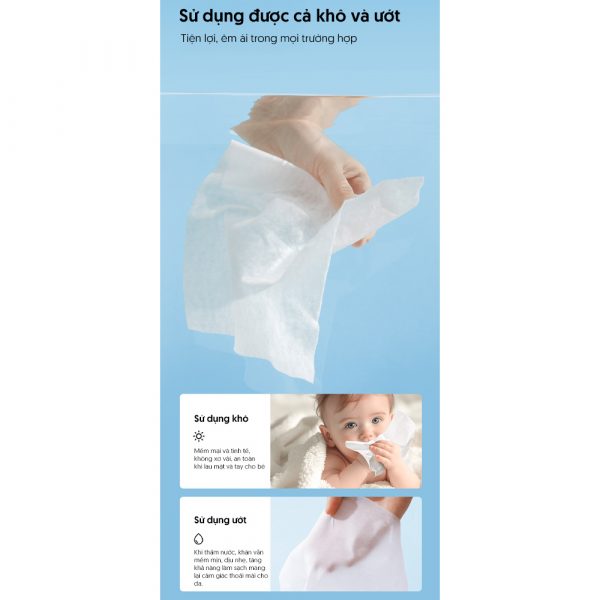 Khăn khô Anmous 100% cotton Tân Cương - Dịu nhẹ, tinh khiết cho làn da nhạy cảm và trẻ nhỏ (80 tờ)