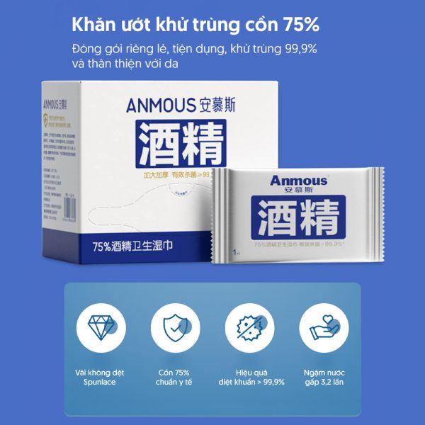 Khăn ướt khử trùng Anmous cồn 75% vệ sinh, diệt khuẩn, mềm mại thân thiện với da (Hộp 36 tờ lẻ)