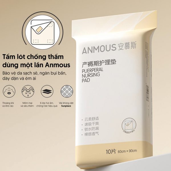 Tấm lót chống thấm dùng 1 lần Anmous - Siêu thấm hút, mềm mại, an toàn cho trẻ nhỏ, tiện lợi cho người lớn, mẹ sau sinh (10 miếng)