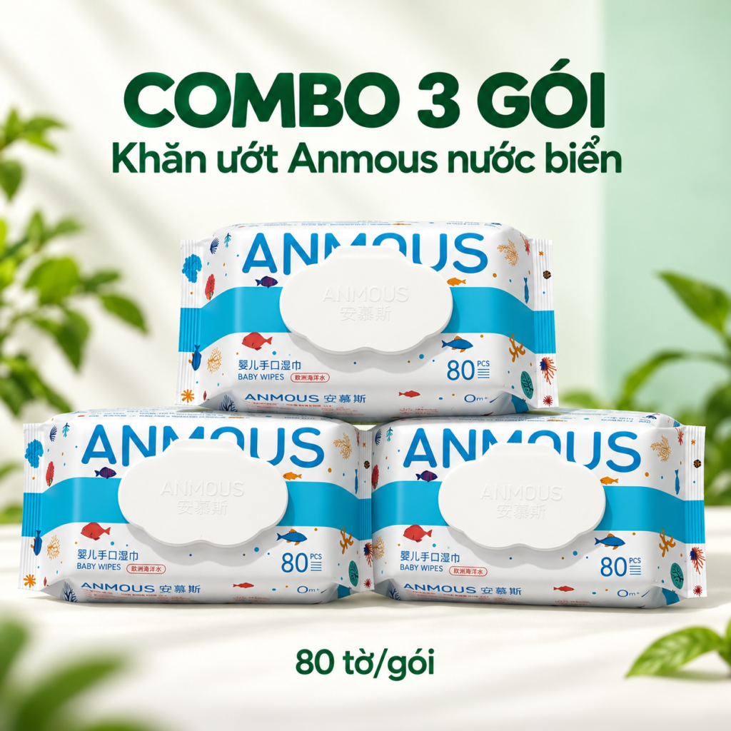 Ba gói khăn ướt Anmous nước biển, hình minh họa bao bì sản phẩm